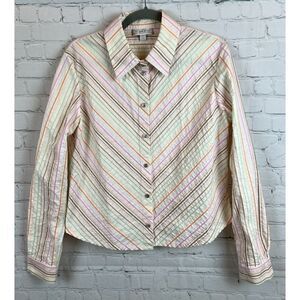 ST. JOHN cotton blend white multicolor striped button down shirt blouse top L